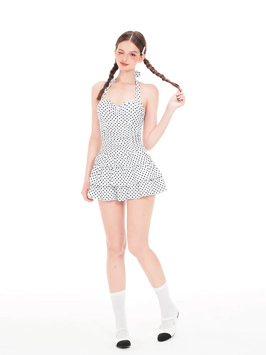 Mask Cat, Tian Xiwei, The Same Swimsuit  New One-piece Conservative Retro Polka Dot Steel Tray Gathering Swimsuit