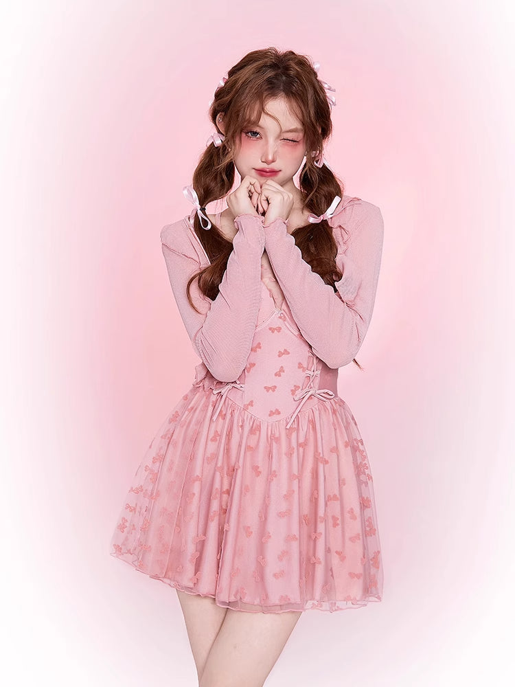 Mask Cat, Pink Bow Swimsuit Women's  New One-piece Conservative Skirt Style Meat Cover Student Hot Spring Vacation